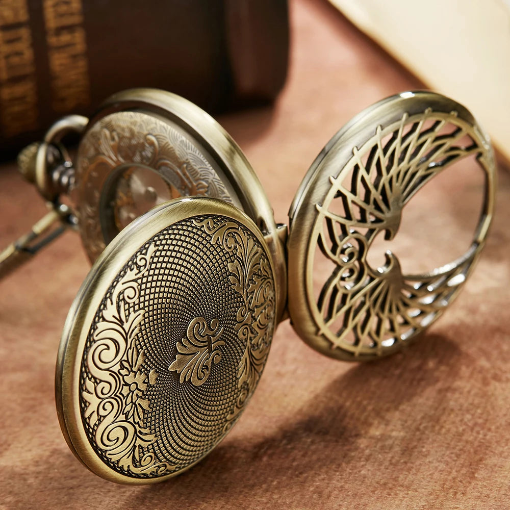 Angel Double Wings Vintage Mehanical Pocket Watch FOB Chain Roman Dial Hollow Skeleton Hand Wind Mechanical Mens Womens Watch