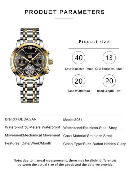 POEDAGAR Automatic Mechanical Man Wristwatch Hollow Tourbillon Stainless Steel Men Watch Waterproof Luminous Date Men's Watches