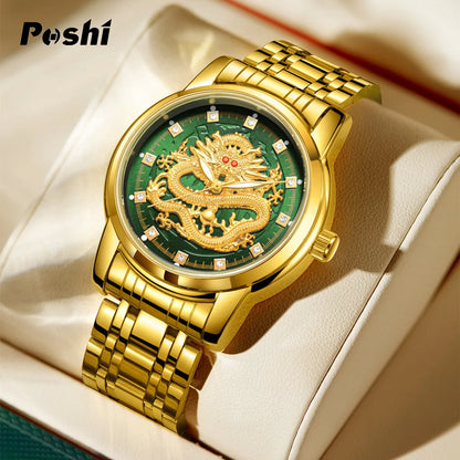 POSHI Stainless Steel Fashion Quartz Watch for Man Gold Dragon Quartz Watches Luxury Men's Wristwatch Waterproof with Box Gift