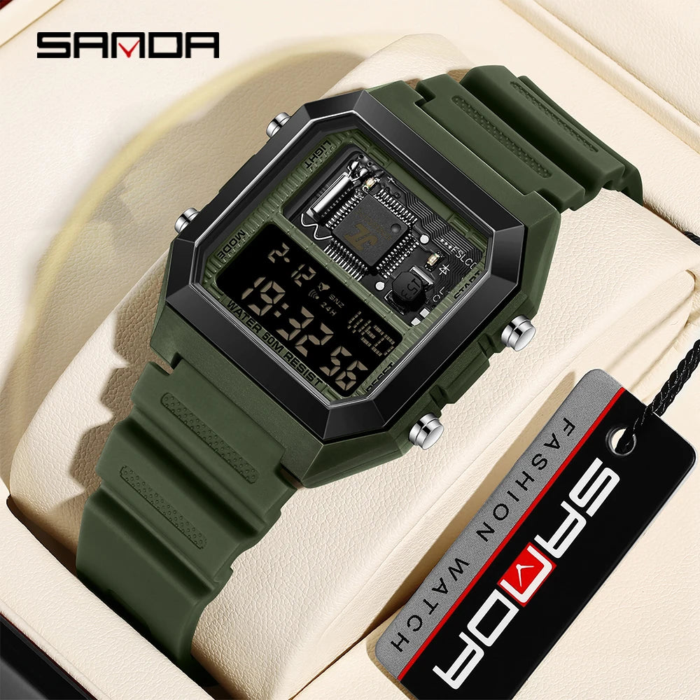 SANDA 6216 Male and Female Student Electronic Watch New Electronic Watch Square Multi functional Countdown Watch