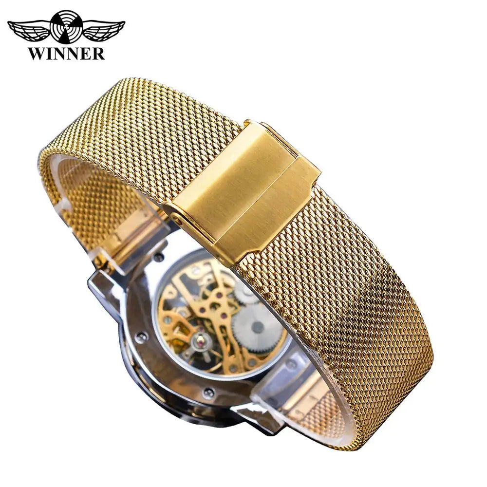 Winner Casual Mechanical Watches For Men Roman Fashion Stainless Steel Belt Mesh Strap Wristwatch Clock Relogio Masculino