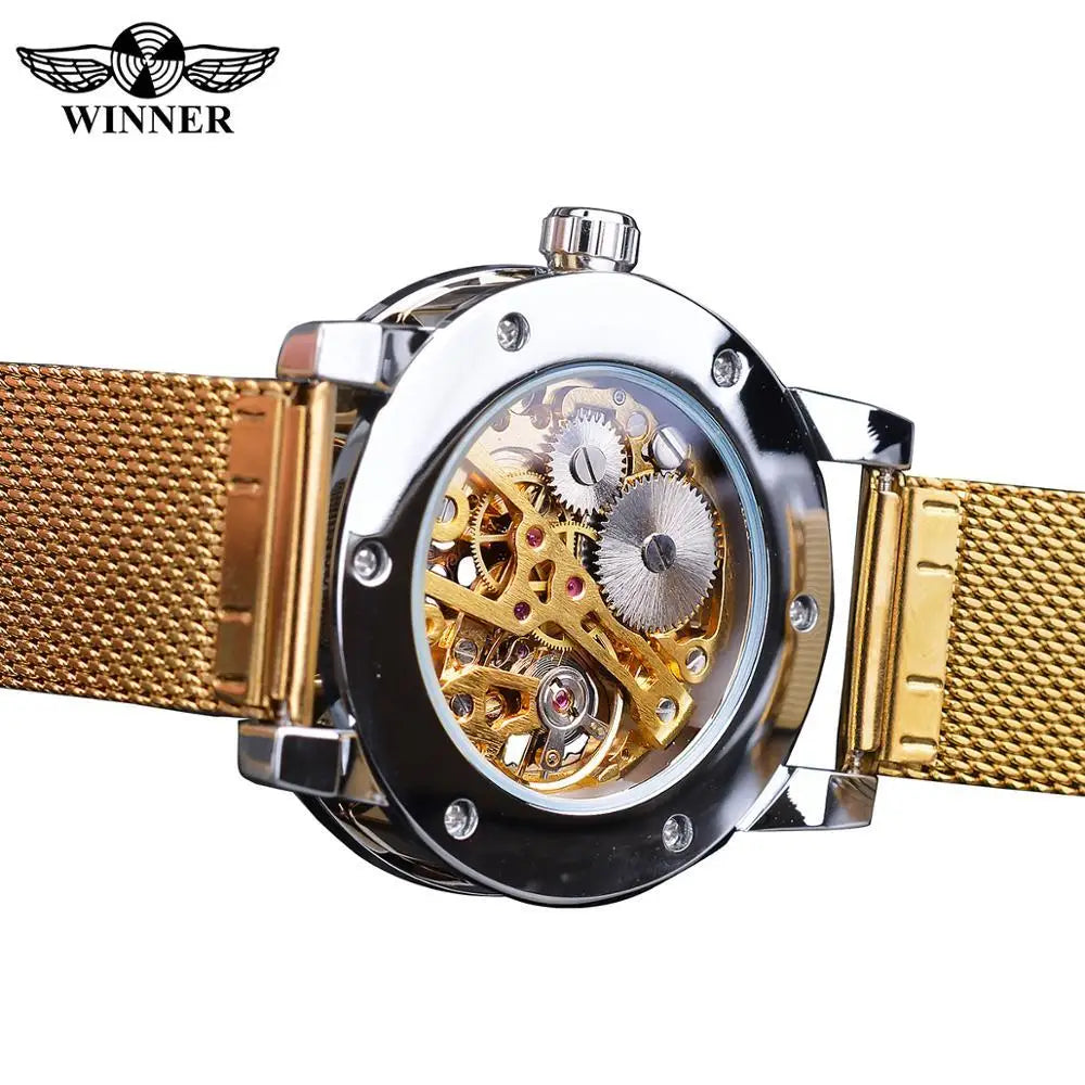 Winner Casual Mechanical Watches For Men Roman Fashion Stainless Steel Belt Mesh Strap Wristwatch Clock Relogio Masculino