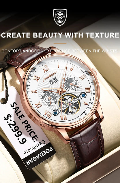 POEDAGAR Automatic Mechanical Tourbillon Business Watch Casual Date&Week&Month Luminous Waterproof Leather Men Watch Hot Relojes