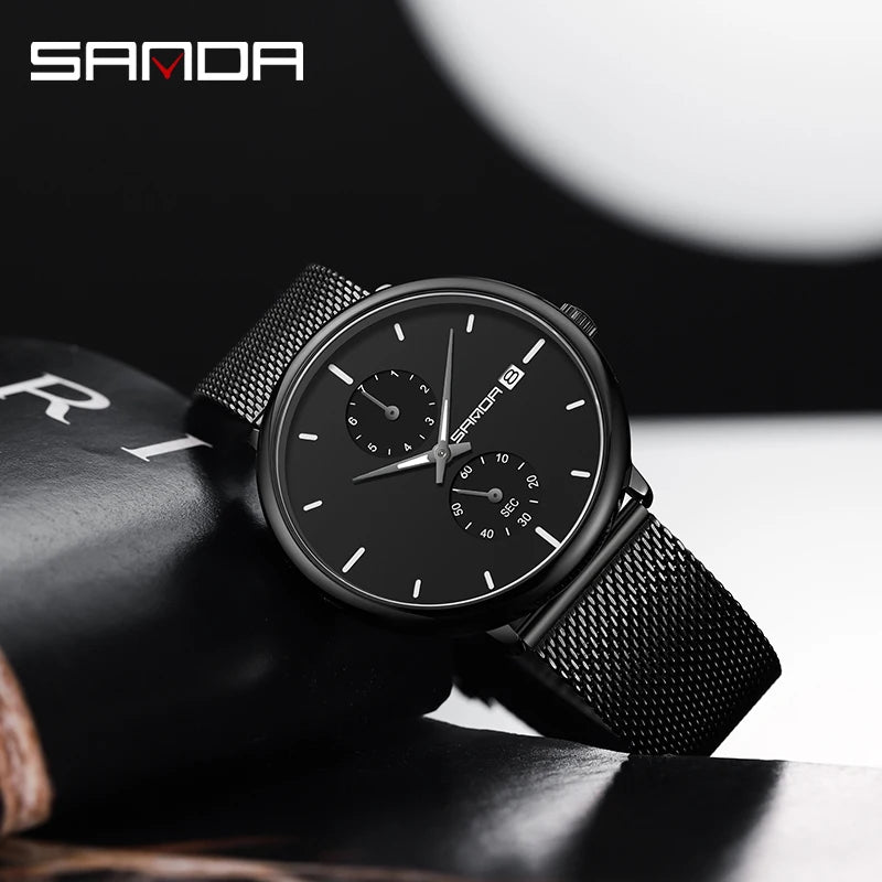 SANDA Fashion Mens Watches Top Brand Luxury Quartz Watch Men Casual Slim Mesh Steel Waterproof Sport Watch Relogio Masculino