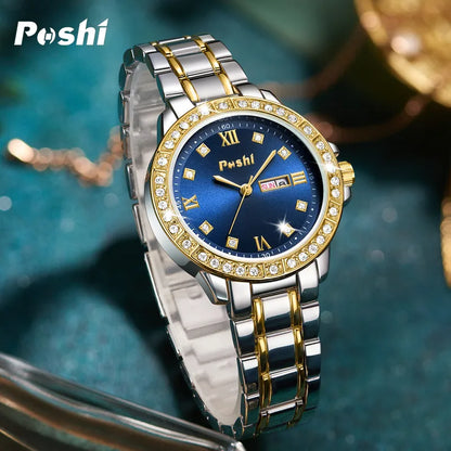 POSHI Quartz Watch for Women Alloy Strap Causal Ladies Wristwatch with Date Week Fashion Elegant Bracelet Waterproof Gift