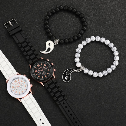 Lot de 4 montres à quartz pour couple avec bracelet en silicone et perles