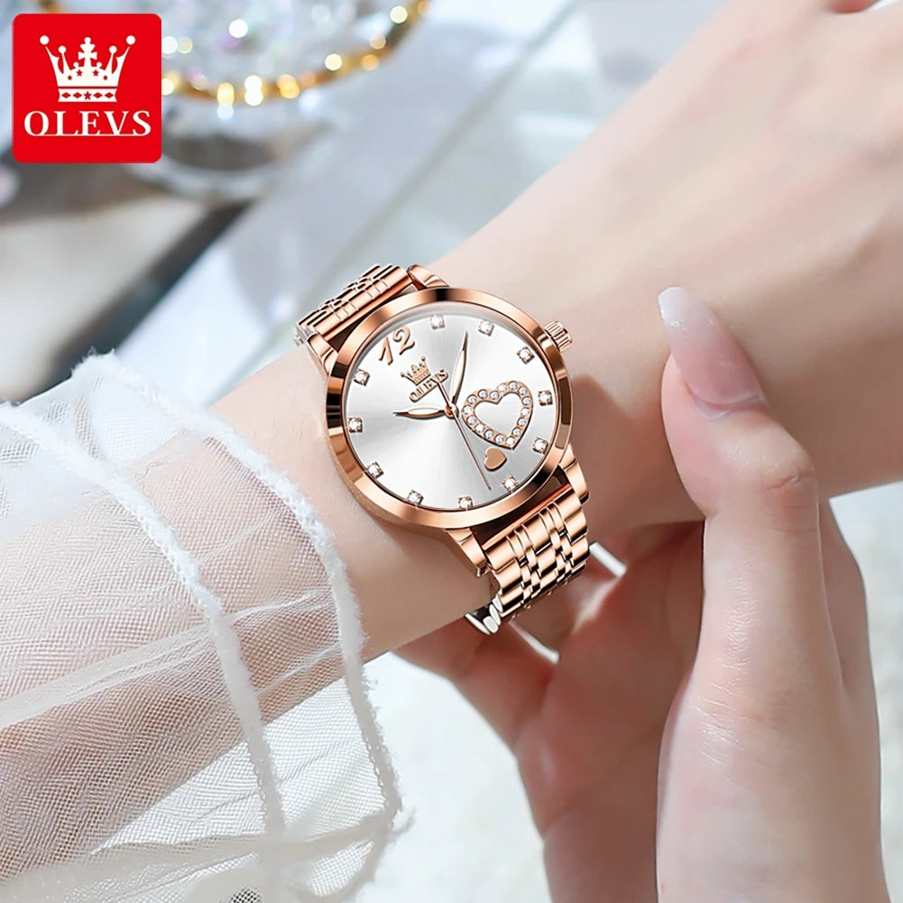 OLEVS Stainless Steel Strap Quartz Watch for Women Diamond Heart Design Waterproof Luminous Quartz Women's Watches Original