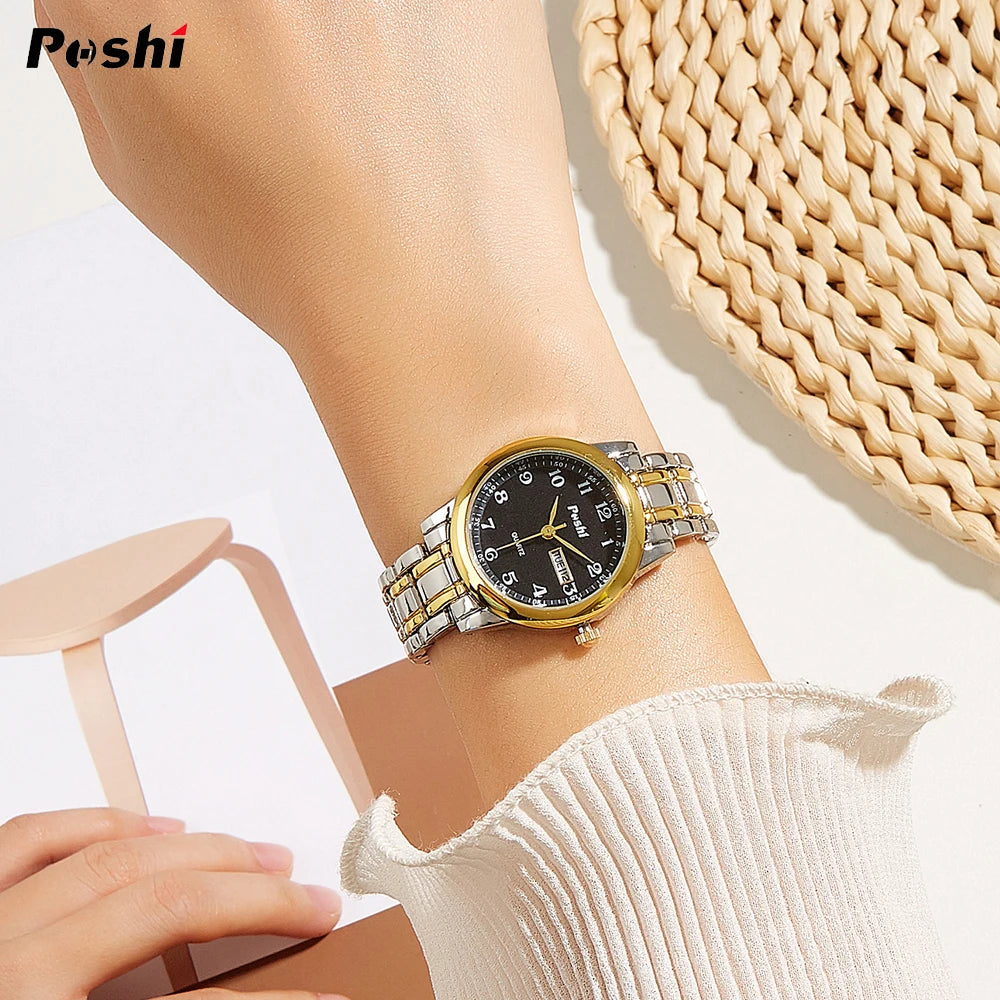 POSHI Quartz Watch for Women Fashion Ladies Bracelet Luxury Stainless Steel Strap Date Week Original Waterproof Women's Watches