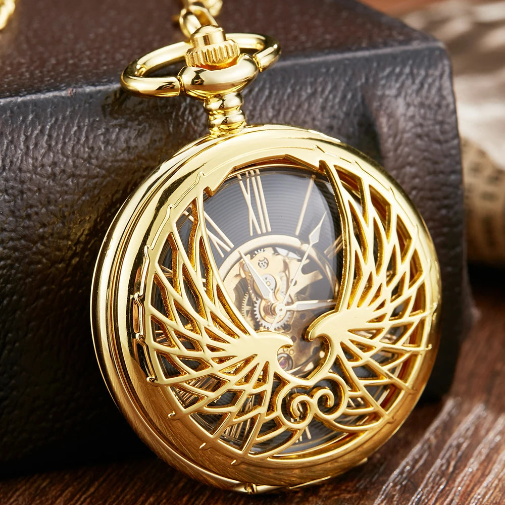 Angel Double Wings Vintage Mehanical Pocket Watch FOB Chain Roman Dial Hollow Skeleton Hand Wind Mechanical Mens Womens Watch