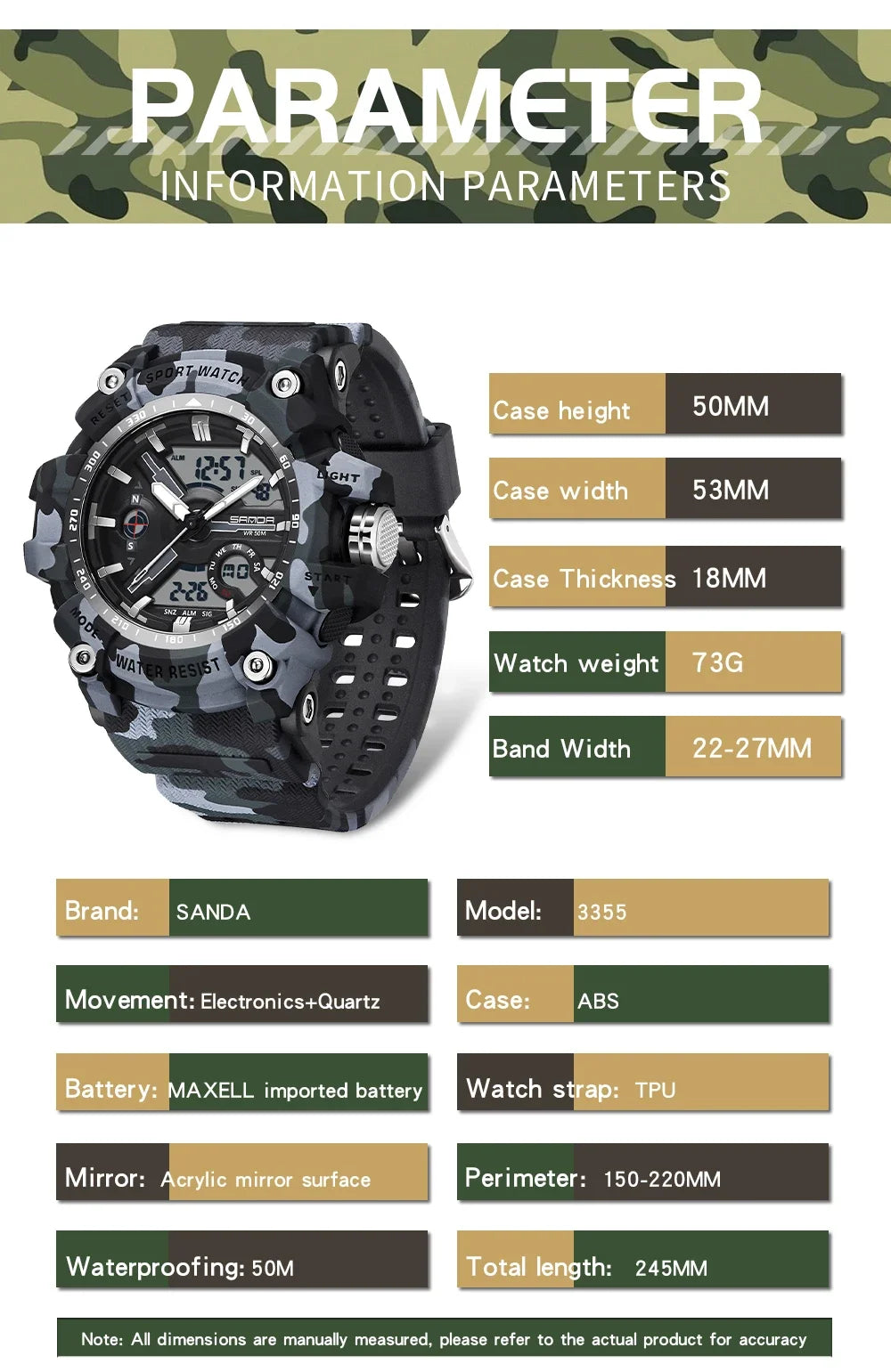 Sanda 3355 New Electronic Watch Military Style Camo Cool Multi functional Alarm Clock Waterproof Watch