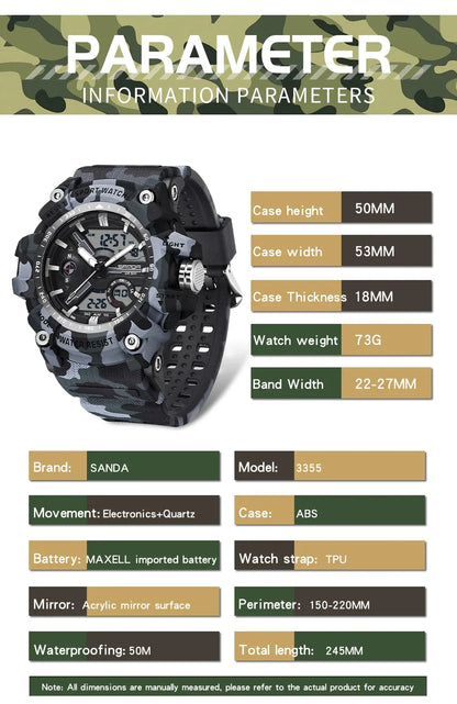 Sanda 3355 New Electronic Watch Military Style Camo Cool Multi functional Alarm Clock Waterproof Watch