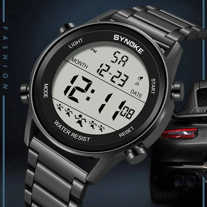 SYNOKE Montre de sport de luxe pour homme avec bracelet en acier inoxydable et alarme numérique, étanche et rétroéclairée