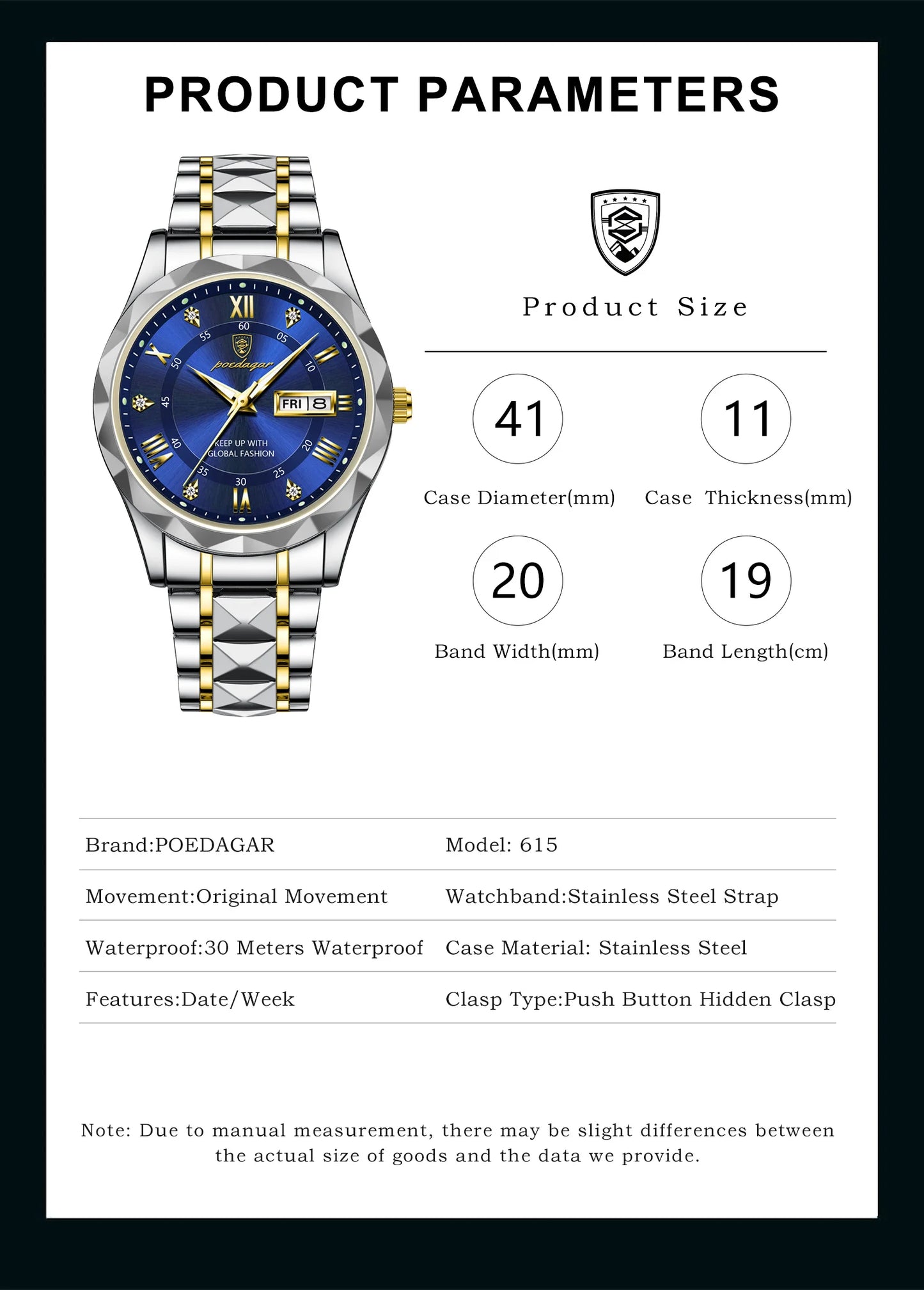 POEDAGAR Top Brand Luxury Man Wristwatch Waterproof Luminous Date Week Men Watches Stainless Steel Quartz Men's Watch Male reloj