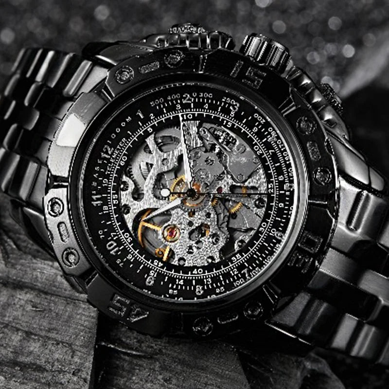 Luxury Automatic Mechanical Watch Men Black Silver Gold Full Steel Skeleton Wristwatch Male Big Dial Business relogio masculino