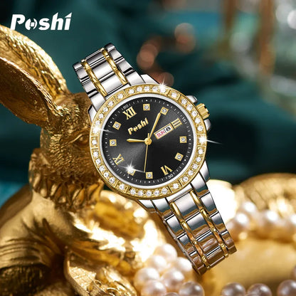 POSHI Quartz Watch for Women Alloy Strap Causal Ladies Wristwatch with Date Week Fashion Elegant Bracelet Waterproof Gift