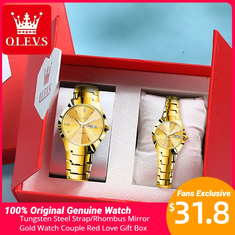 Montre à quartz OLEVS avec bracelet en acier tungstène pour homme et femme, ensemble de montres-bracelets pour amoureux, miroir losange, étanche, affichage de la date