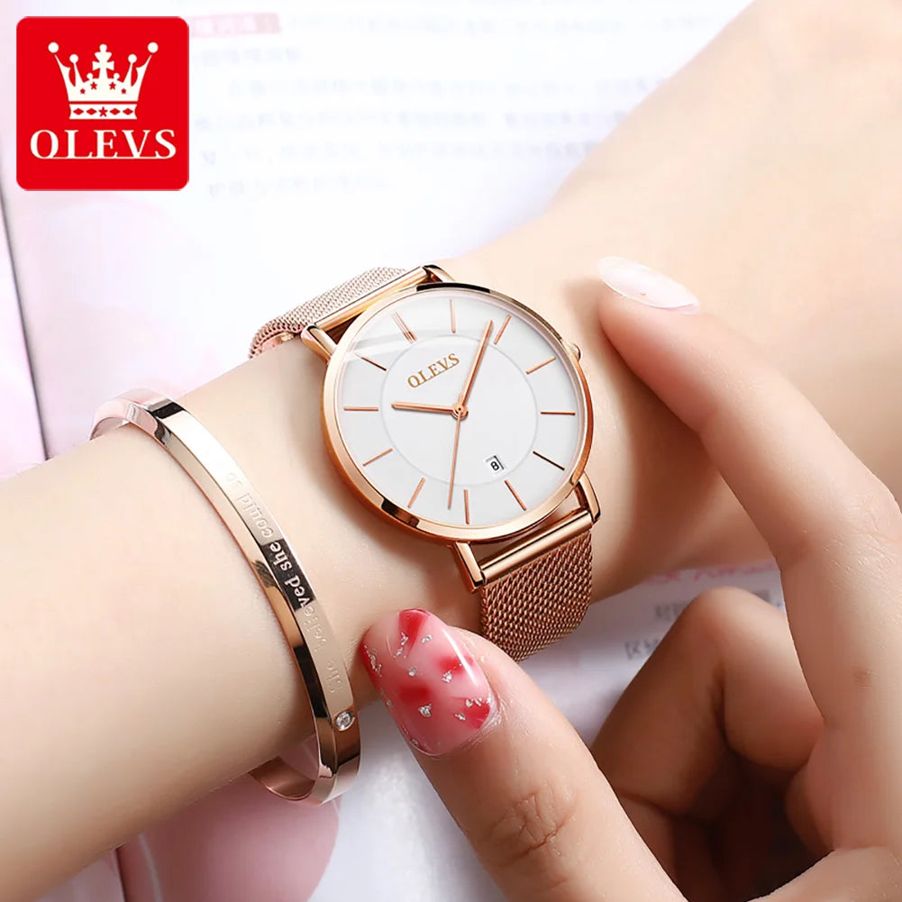 OLEVS Watch Women Rose Gold Top Brand Luxury JAPAN Movement Quartz Ultra Thin Ladies Watch Calendar Date Necklace Watch Set