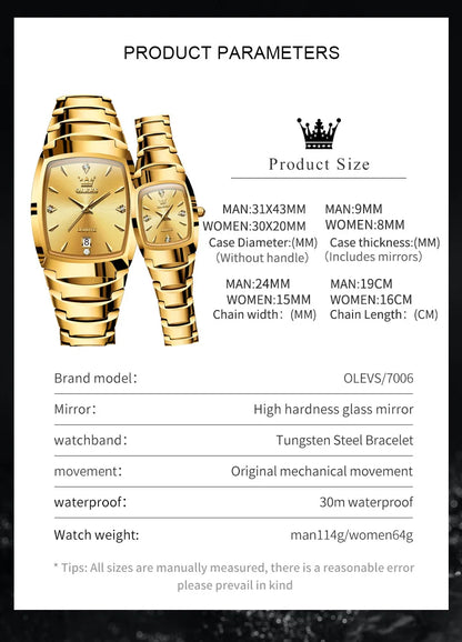 OLEVS 7006 Original Quartz Watch for Couple Tungsten steel Diamond Gold Watch Waterproof Gifts His Hers Watch Sets Couple Watch