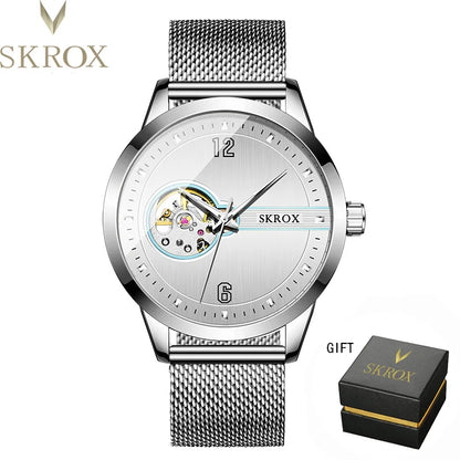 SKROX Elegant Luminous Waterproof Automatic Clockwork Tourbillon Steel Skeleton Mechanical Man Watch Wrist Watches reloj hombre