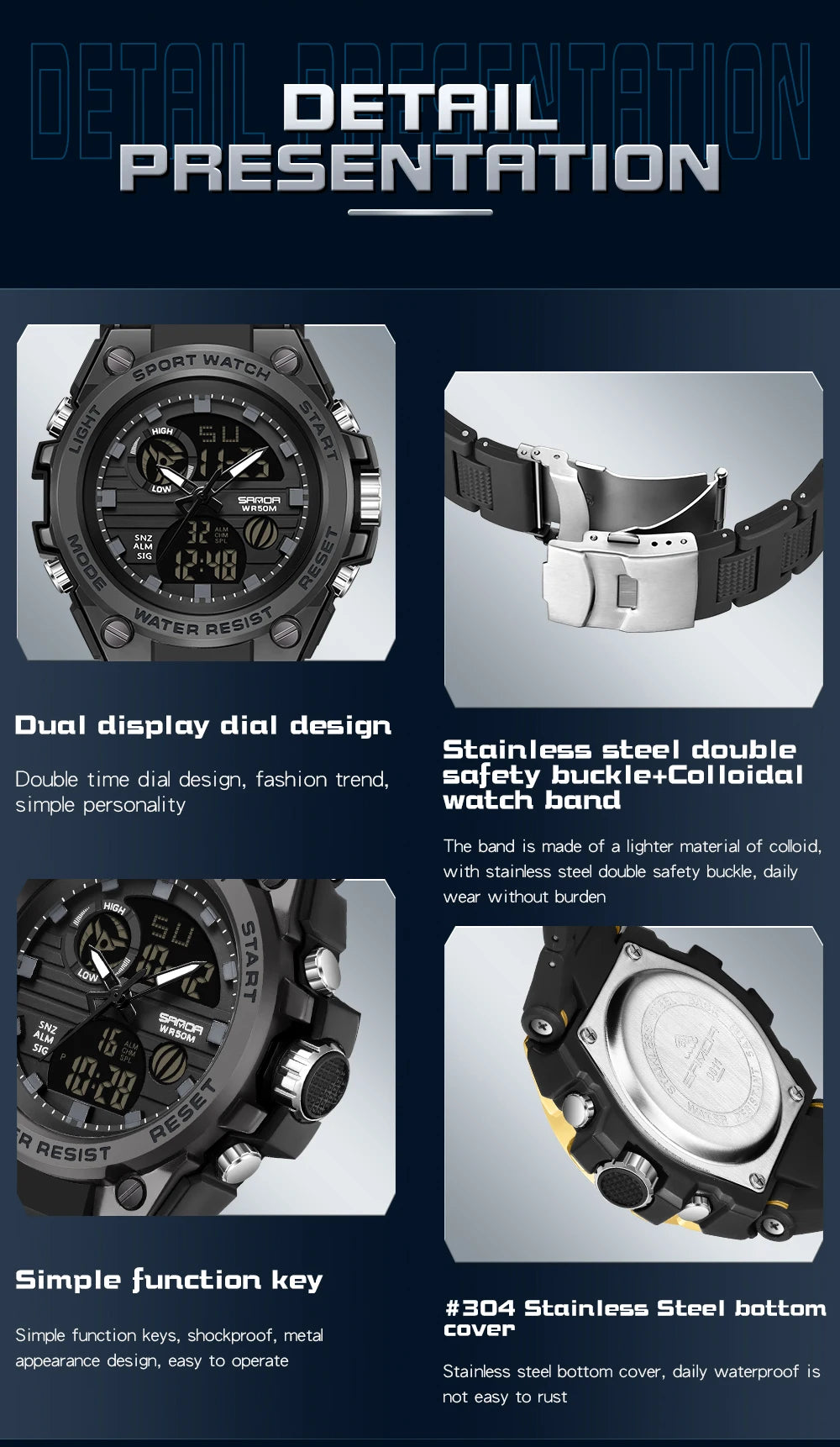 SANDA Montre de Sport pour Hommes Montre à Quartz Militaire Homme Étanche Double Affichage Montre-Bracelet Numérique pour Hommes Horloge Relogios Masculino