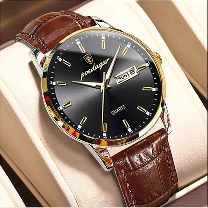 POEDAGAR Men Watch Business Quartz Watches Fashion Leather Waterproof Luminous Week Date Top Brand Luxury Men's Wristwatch Gift