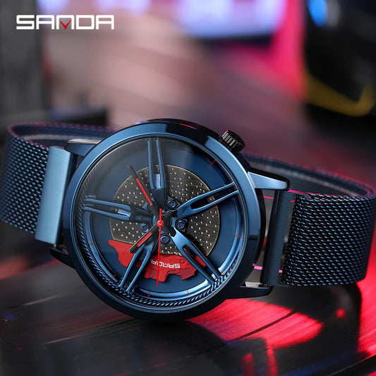 SANDA New Special Wheel Series Dial Men Watch Steel Strap Hook Buckle Premium Quartz Movement Waterproof Gift Wristwatch P1040