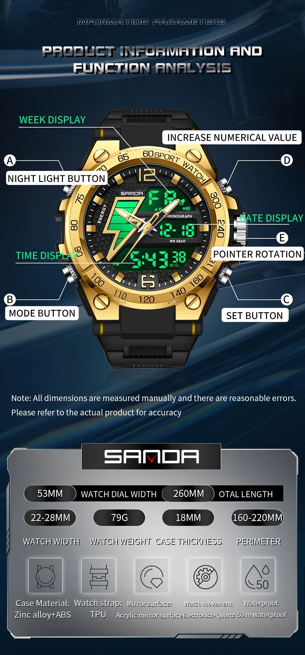 SANDA 6137 2024 Top Brand Men's Watches 5ATM Waterproof Sport Military Wristwatch Quartz Watch for Men Clock Relogio Masculino