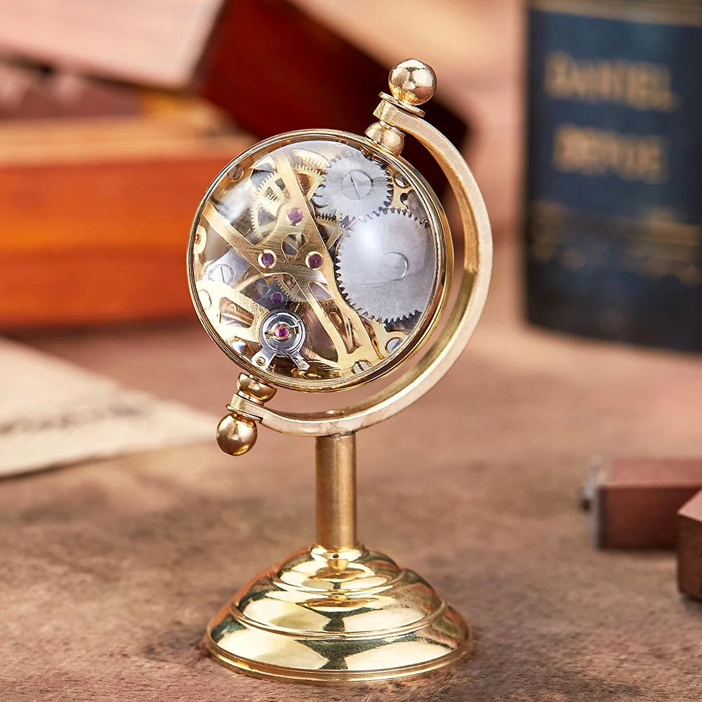 Spinning Globe Mechanical Pocket Watch Vintage Gold Desk Clock Men Male Creative Gift Copper Table Pocket Watches FOB Retro