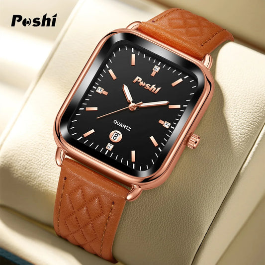 POSHI Fashion Quartz Watch for Women Luxury Soft Leather Strap Women's Wristwatch Calendar Simple Dial Original Clock