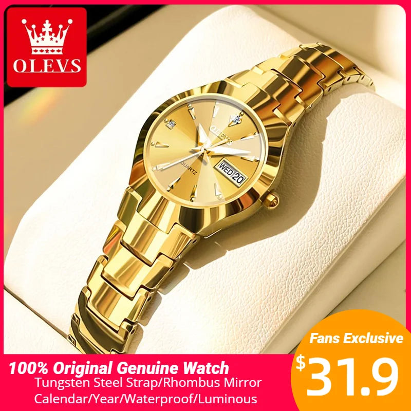 OLEVS Women Watch Quartz Rhombus Mirror Original Quartz Watch for Women Waterproof Luminous Stainless Steel Wristwatch Date Week