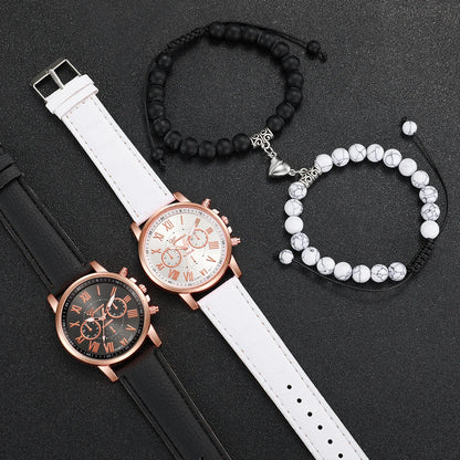 4PCS/Set Couple's Watches Fashion Roma Dial Leather Band Analog Quartz Watches Bracelets Set（Without Box）