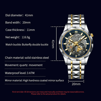 Luxury Mens Quartz Watch Blue Gold 41mm Hollow Dial Luminous Stainless Steel Timer Running Seconds Casual Fashion Gift Men Watch