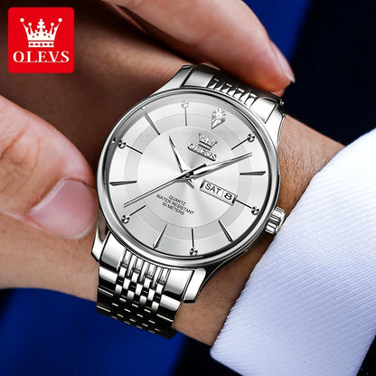 OLEVS NEW Montre Homme Acier Inoxydable Simplicité Robe Étanche Date Semaine Quartz Montre-Bracelet Homme Bracelet En Cuir Montre Homme