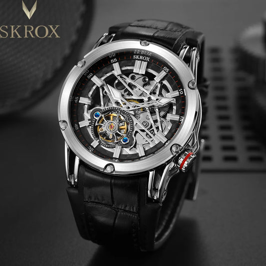 SKROX Original Brand Stainless Steel Skeleton Automatic Men Watch  Mechanical Diving Sports Big Military Wrist Watches Clockwork