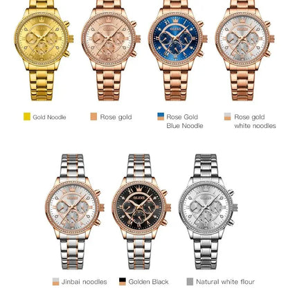 OLEVS Quartz Women's Watch Elegant Luxury Diamond Gold Stainless Steel Three Small Dials Luminous Waterproof Ladies Hand Clock