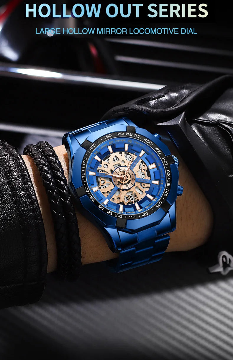 UTHAI Men Watch Business Light Luxury Brand high-grad Stainless Steel Hollow out Waterproof Blue Male Fashion Clock Watches Gift