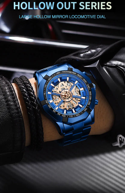 UTHAI Men Watch Business Light Luxury Brand high-grad Stainless Steel Hollow out Waterproof Blue Male Fashion Clock Watches Gift