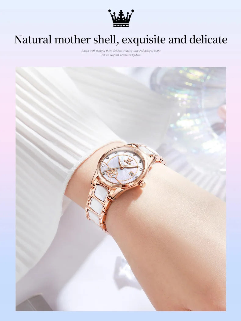 Montre à quartz OLEVS pour femme, mouvement japonais, étanche, en acier inoxydable, céramique, montre-bracelet de luxe pour femme, ensemble de montres tendance