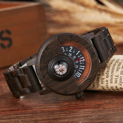 Wood Creative Watch for Men Turntable Compass reloj hombre Real Walnut Ebony Bamboo Wooden Watches Male Clock relógio masculino