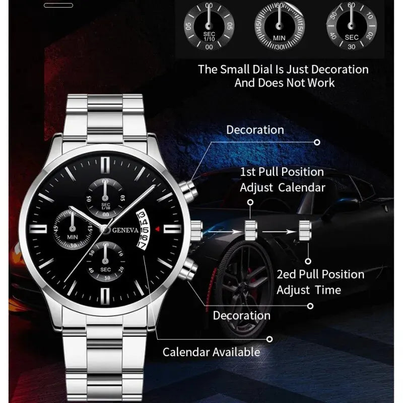 Quartz Watch Men Business Fashion Fake Three Eye Six Pin Calendar Watch For Men Mesh Belt Men Watch Non Mechanical Boy