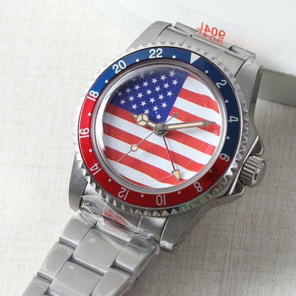 GMT Vintage Watch American Flag Dial 40mm Red Blue Bezel Automatic Movement Men's Watch Acrylic 5ATM Waterproof Watch