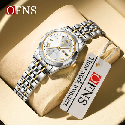 OFNS Top Brand 1502 New Double Calendar Couple Fluorescent Quartz Watch Fashion Waterproof Steel Band Men's and Women's Watch