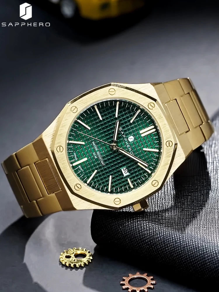 SAPPHERO Golden green Watches for Men Luxury Business Stainless Steel Mens Wristwatch Octagon Design Waterproof Luminous Clock