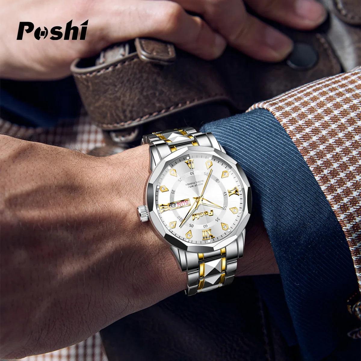 POSHI Men's Watch Date Week Fashion Watch Men Original Waterproof Non-mechanical Luminous Dual Calendar Quartz Wristwatch