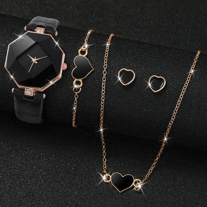 Lot de 5 montres à quartz analogiques pour femmes avec bracelet en cuir et bijoux en forme de cœur (sans boîte)