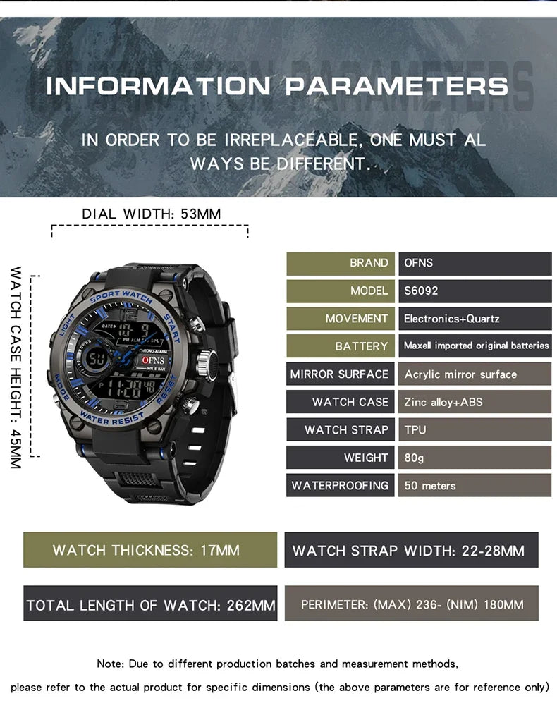 OFNS 6092 New Sport Military Men's Watches Waterproof Quartz Wristwatch LED Digital Watch for Male Clock Relogios Masculino