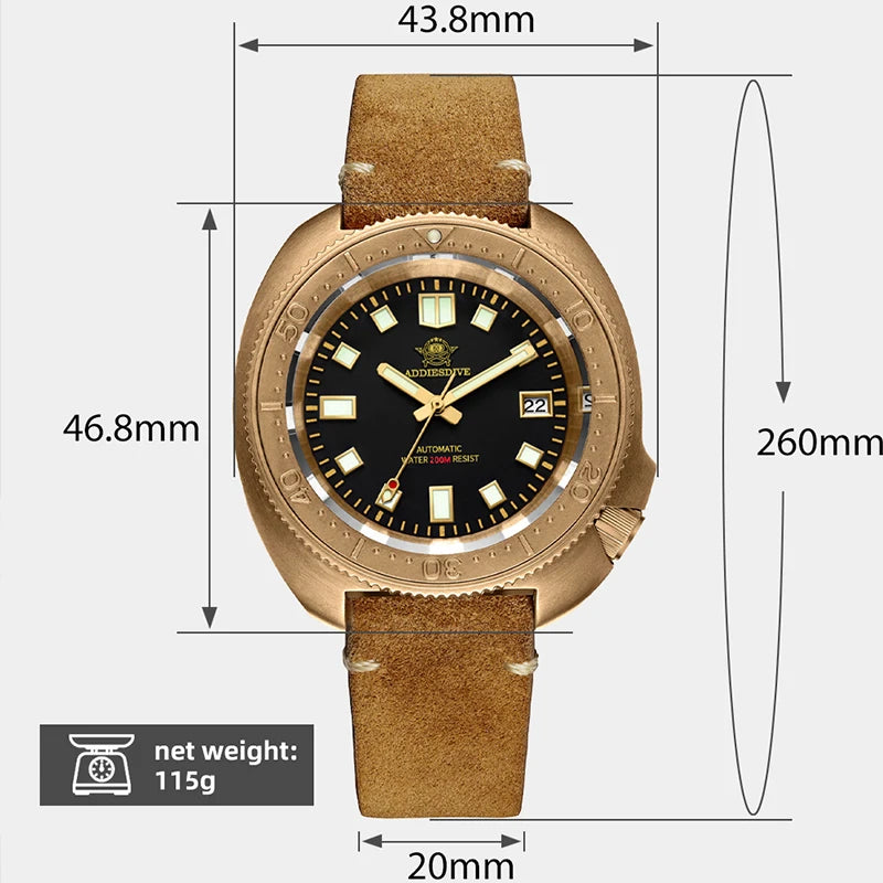 ADDIESDIVE Cusn8 Bronze Watch For Men Mechanical NH35A Sapphire Glass Calendar 200m Waterproof C3 Luminous Automatic Wristwatch