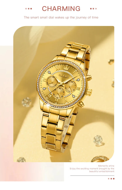 OLEVS Quartz Women's Watch Elegant Luxury Diamond Gold Stainless Steel Three Small Dials Luminous Waterproof Ladies Hand Clock