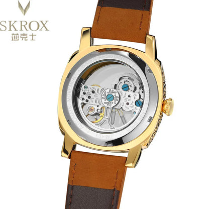 SKROX Original Transparent Skeleton Automatic Clockwork Mechanical Man Gold Watch Top Brand Luxury Rare Elegant Wristwatch reloj