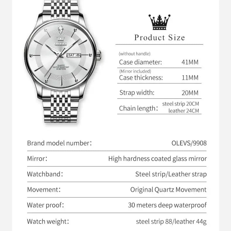 OLEVS NEW Montre Homme Acier Inoxydable Simplicité Robe Étanche Date Semaine Quartz Montre-Bracelet Homme Bracelet En Cuir Montre Homme